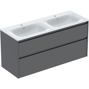 set dubbele meubelwastafel smalle rand met onderkast 2x la: 130x62.1x48cm Breedte wastafel=130cm Wastafel: wit / KeraTect Corpus Front: lava / gelakt zijdemat