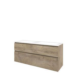 Set Proline polystone Elegant dubb. wastafel glans wit met 2 kraangaten onderkast asymmetrisch raw oak 140x46cm