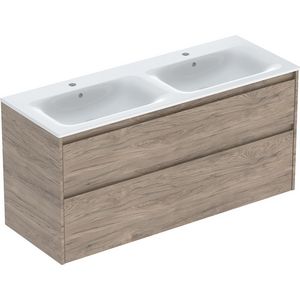 set dubbele meubelwastafel smalle rand met onderkast 2x la: 130x62.1x48cm Breedte wastafel=130cm Wastafel: wit / KeraTect Corpus Front: walnoot hickory / Melamine houtstructuur