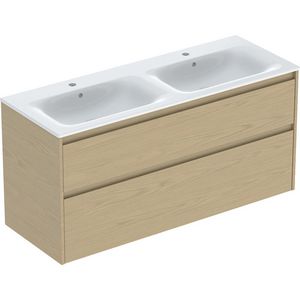 set dubbele meubelwastafel smalle rand met onderkast 2x la: 130x62.1x48cm Breedte wastafel=130cm Wastafel: wit / KeraTect Corpus Front: eik naturel / Melamine houtstructuur