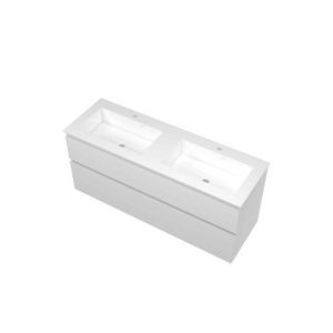 Set Proline polystone Elegant dubb. wastafel glans wit met 2 kraangaten onderkast asymmetrisch glans wit 140x46cm