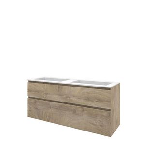 Set Proline polystone Elegant dubb. wastafel mat wit zonder kraangat onderkast asymmetrisch raw oak 140x46cm