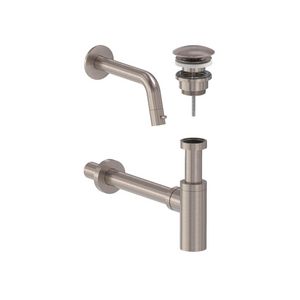 Combiset wandtapkraan STILO 1/2" + plug (niet afsluitbaar)+sifon geborsteld nickel PVD MAY