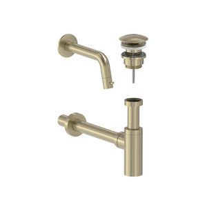 Combiset wandtapkraan STILO 1/2" + plug (niet afsluitbaar)+sifon geborsteld mat goud PVD MAY