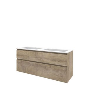 Set Proline polystone Elegant dubb. wastafel mat wit met 2 kraangaten onderkast asymmetrisch raw oak 140x46cm