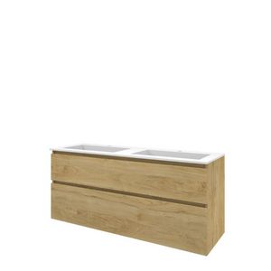 Set Proline polystone Elegant dubb. wastafel mat wit met 2 kraangaten onderkast asymmetrisch ideal oak 140x46cm