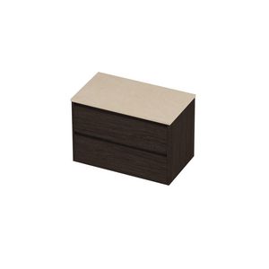 Deck Set Top afdekplaat hardsteen en onderkast greeploos 2 laden symmetrisch in kader 800x460x540mm Sand stone/Mokka oak