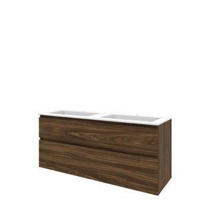 Set Proline polystone Elegant dubb. wastafel mat wit met 2 kraangaten onderkast asymmetrisch cabana oak 140x46cm