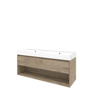 Set Proline polystone Loft dubb. wastafel glans wit zonder kraangat onderkast 1x lade+schap raw oak 140x46cm