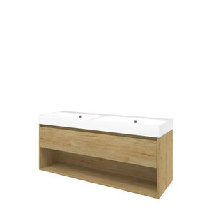 Set Proline polystone Loft dubb. wastafel glans wit zonder kraangat onderkast 1x lade+schap ideal oak 140x46cm