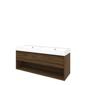 Set Proline polystone Loft dubb. wastafel glans wit zonder kraangat onderkast 1x lade+schap cabana oak 140x46cm