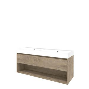 Set Proline polystone Loft dubb. wastafel glans wit met 2 kraangaten onderkast 1x lade+schap raw oak 140x46cm
