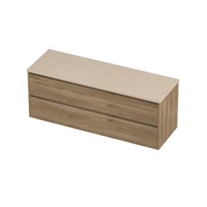 Deck Set Top afdekplaat hardsteen en onderkast greeploos 2 laden symmetrisch in kader 1400x460x540mm Sand stone/Cider oak