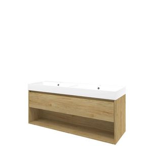 Set Proline polystone Loft dubb. wastafel mat wit met 2 kraangaten onderkast 1x lade+schap ideal oak 140x46cm