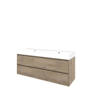 Set Proline polystone Loft dubb. wastafel glans wit zonder kraangat onderkast symmetrisch raw oak 140x46cm