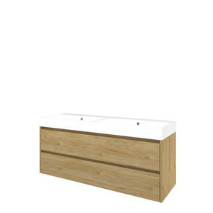 Set Proline polystone Loft dubb. wastafel glans wit zonder kraangat onderkast symmetrisch ideal oak 140x46cm
