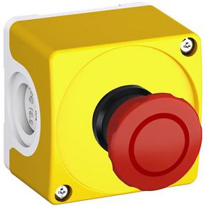 Drukknoppenkast geel/grijs 1-gats noodstop rood 40mm