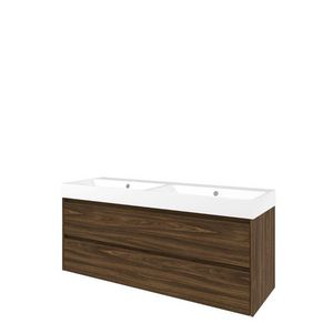 Set Proline polystone Loft dubb. wastafel glans wit met 2 kraangaten onderkast symmetrisch cabana oak 140x46cm
