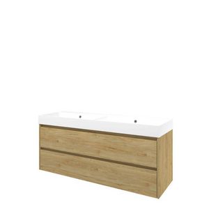 Set Proline polystone Loft dubb. wastafel mat wit zonder kraangat onderkast symmetrisch ideal oak 140x46cm
