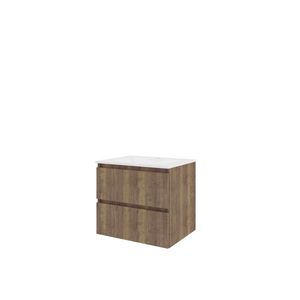 Polystone wastafel 1 kraangat onderkast symmetrisch 600X460X540 Terra oak / mat wit
