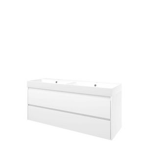 Set Proline polystone Loft dubb. wastafel mat wit met 2 kraangaten onderkast symmetrisch glans wit 140x46cm