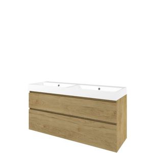 Set Proline polystone Loft dubb. wastafel glans wit zonder kraangat onderkast asymmetrisch ideal oak 140x46cm