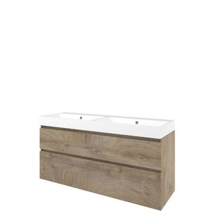 Set Proline polystone Loft dubb. wastafel glans wit met 2 kraangaten onderkast asymmetrisch raw oak 140x46cm