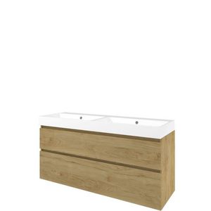 Set Proline polystone Loft dubb. wastafel glans wit met 2 kraangaten onderkast asymmetrisch ideal oak 140x46cm