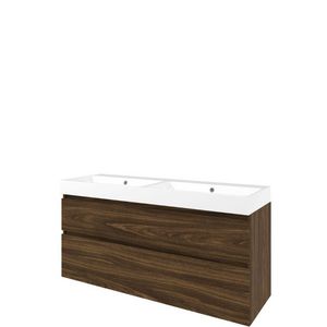 Set Proline polystone Loft dubb. wastafel glans wit met 2 kraangaten onderkast asymmetrisch cabana oak 140x46cm