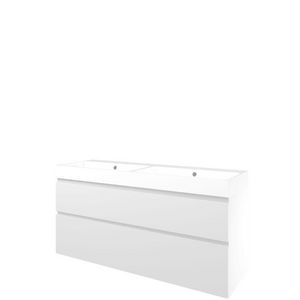 Set Proline polystone Loft dubb. wastafel glans wit met 2 kraangaten onderkast asymmetrisch mat wit 140x46cm