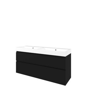 Set Proline polystone Loft dubb. wastafel glans wit met 2 kraangaten onderkast asymmetrisch mat zwart 140x46cm