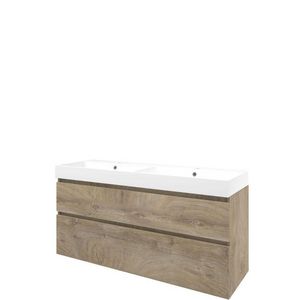 Set Proline polystone Loft dubb. wastafel mat wit met 2 kraangaten onderkast asymmetrisch raw oak 140x46cm