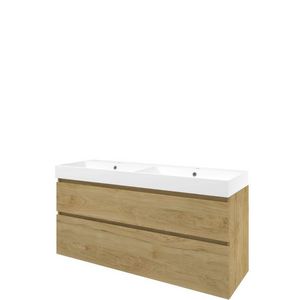 Set Proline polystone Loft dubb. wastafel mat wit met 2 kraangaten onderkast asymmetrisch ideal oak 140x46cm