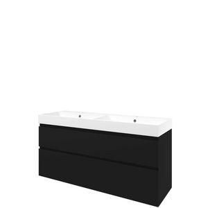Set Proline polystone Loft dubb. wastafel mat wit met 2 kraangaten onderkast asymmetrisch mat zwart 140x46cm