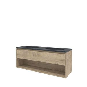 Set Proline hardsteen Elegant dubb. wastafel zonder kraangat onderkast 1x lade+schap raw oak 140x46cm