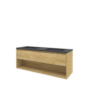 Set Proline hardsteen Elegant dubb. wastafel met 2 kraangaten onderkast 1x lade+schap ideal oak 140x46cm
