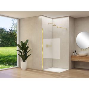 Inloopdouche vaste wand 1070-1090x2000mm 8mm helder glas met gesatineerde baan geborsteld messing muurprofiel stabilisatiestang
