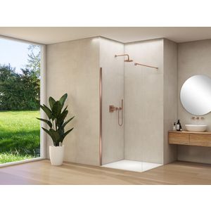 Inloopdouche vaste wand 1070-1090x2000mm 8mm helder glas geborsteld koper muurprofiel stabilisatiestang