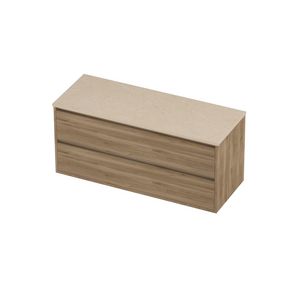 Deck Set Top afdekplaat hardsteen en onderkast greeploos 2 laden symmetrisch in kader 1200x460x540mm Sand stone/Cider oak
