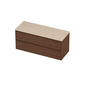 Deck Set Top afdekplaat hardsteen en onderkast greeploos 2 laden symmetrisch in kader 1200x460x540mm Sand stone/Indian walnut
