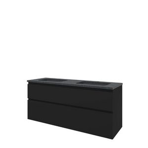 Set Proline hardsteen Elegant dubb. wastafel met 2 kraangaten onderkast asymmetrisch mat zwart 140x46cm