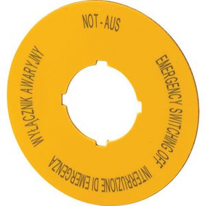 Schild Nood-Uit geel D=60mm 4-talig (pools, engels,duits, italiaans PL, EN,DE, IT) VVE=10
