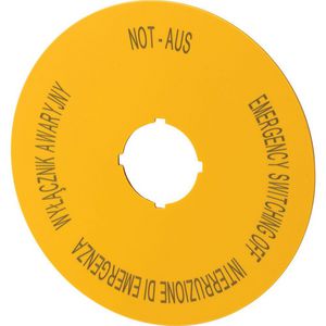 Schild NOOD-STOP D=90mm geel 4-talig (pools, engels, duits, italiaans PL EN DE IT)