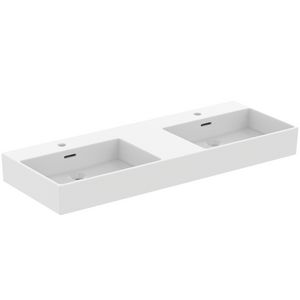 Dubbel Wastafel 1215x450x150mm silk white 2 kraangaten overloop Ext R0539V1