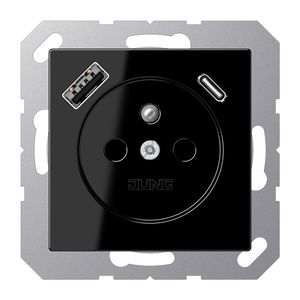 Wandcontactdoos +lader zwart penaarde+USB-A+C