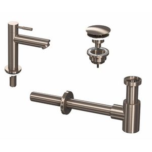 INK Combi set 1A brushed nickel bestaande uit fonteinkraan staand laag model sprong 95mm, designsifon en always-open plug