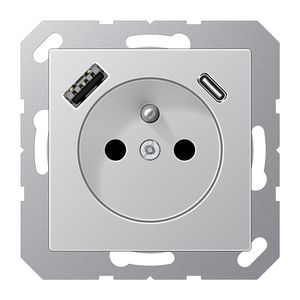 Wandcontactdoos +lader alu penaarde+USB-A+C