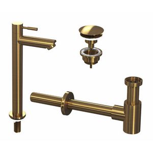 INK Combi set 2A brushed mat goud bestaande uit fonteinkraan staand hoog model h=277mm sprong 95mm, designsifon en always-open plug