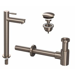 INK Combi set 2A brushed nickel bestaande uit fonteinkraan staand hoog model h=277mm sprong 95mm, designsifon en always-open plug