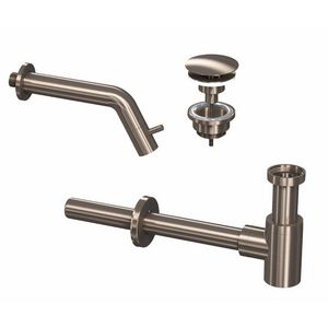 INK Combi set 3A brushed nickel bestaande uit fontein wandkraan 180mm inkortbaar (min. 100mm), designsifon en always-open plug